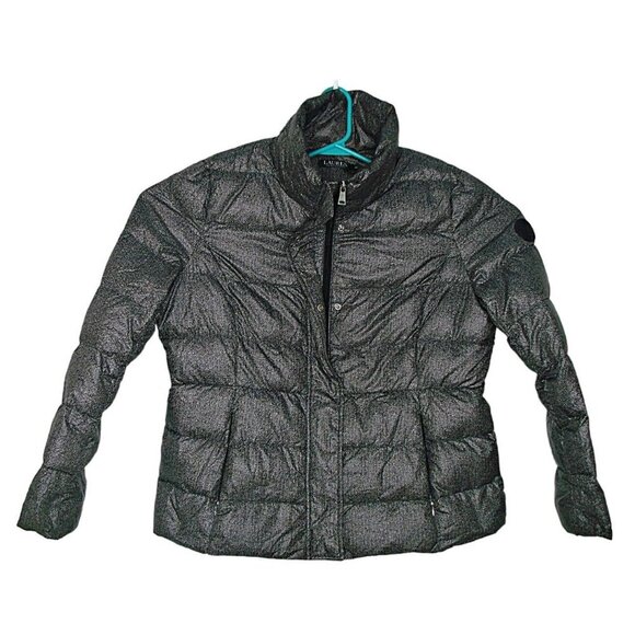Lauren Ralph Lauren Goose Down Puffer Packable Jacket Black Grey Zip Womens XL - Picture 1 of 12